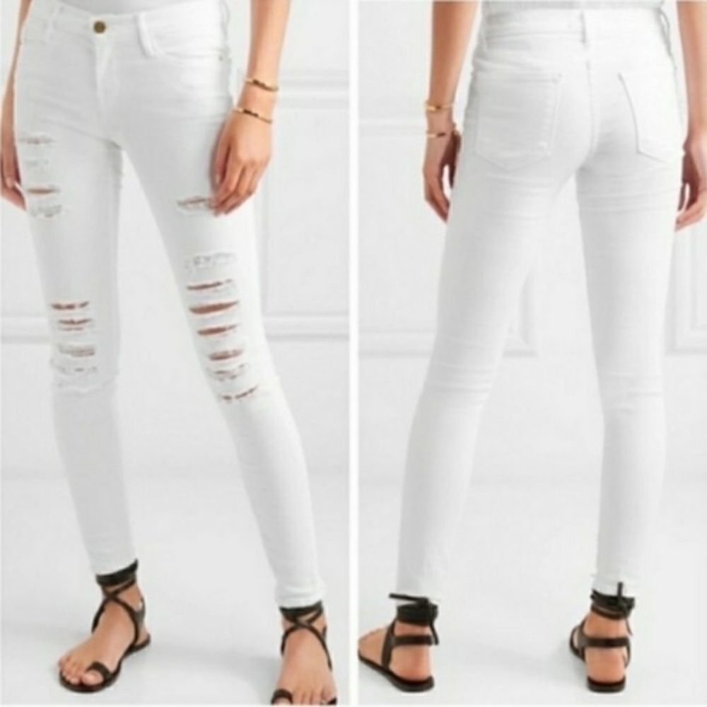Frame Le Skinny De Jeanne Blanc Distressed Jeans